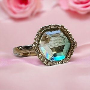 JDJ Joy Dravecky Gold Tone Adjustable Ring Hexagon Rhinestones Sz 7